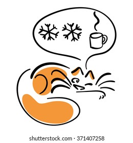 Cat thinks about snow and hot drink