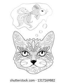 Cat thinks of fish. Coloring page - zendala, design for spiritual relaxation for adults, vector illustration, isolated on a white background. Zen doodles