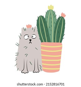 Cat with thorns and cactus. Blooming succulent houseplant in a flower pot. Vector hand drawn illustration  on white background. Flat style. Funny cat.