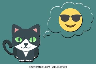cat and thought bubble with cool face emoji on blue background,pet adoption concept,vector illustration