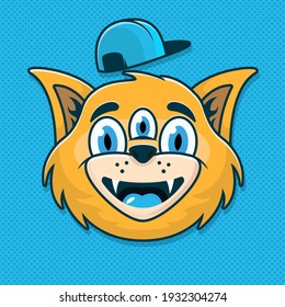 Cat with three eyes and hat.Vector illustration design. Cool print for t shirt. Sticker. Patch. Apparel.