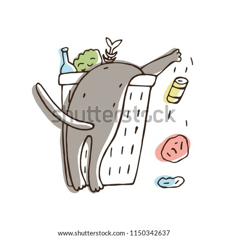 Cat throwing trash out of litter bin or bucket. Naughty kitty scattering garbage isolated on white background. Problematic behavior of domestic animal. Colorful hand drawn vector illustration.