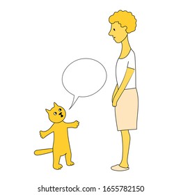 Katze wirft die Hände hoch und rechtfertigt sich der Gastgeberin. Frau steht vor ihm und sieht ihn zweifelhaft an. Vektorillustration gelb handgezeichnet.