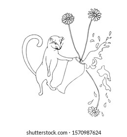 The cat throws a vase of flowers. Hand drawn ink sketch art design stock vector illustration for coloring page, for web, for print