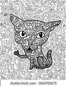 Cat in thumbs up pose with doodle drawing pattern inside and on white background. vector illustration.