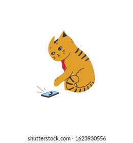 The cat in a tie answers the call to the smartphone. Vector illustration in simple cartoon style