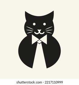 Cat Tie Logo Negative Space Concept Vektorvorlage. Katzenhalter-Symbol