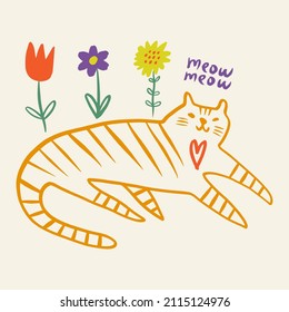 Cat tiger and flowers cool trendy doodle boho cartoon handdrawn funny cute comic character hippie groovy funky vector illustration print