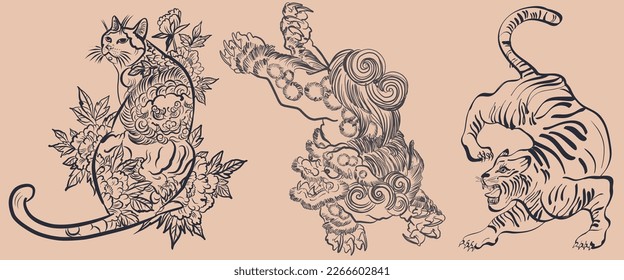 cat, tiger, flowers, peonies, buds, leaves, branches, wreath, crown, graphics, strokes, on a beige background, silhouette, lines, in the style of tattoo graphics. t-shirt print graphic design. Japanes