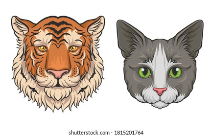Cat and Tiger Muzzle with Fur Vector Set