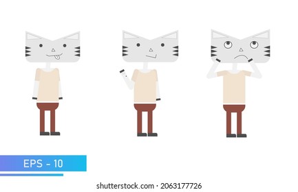 Cat or tiger simple colors. Emotional fanny, hello and thinks. Symbol of 2022 year. Isolated on a white background. Flat vector illustration.