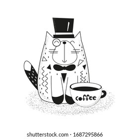 Cat in top hat with cup of coffee. Text coffee. Black and white print for t-shirts, mugs, greeting cards, posters. Vector illustration. Isolated on white background. Retro style.