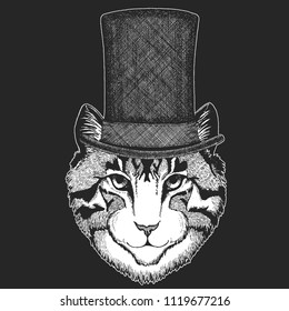 Cat Top hat, cylinder. Hipster animal, gentleman. Classic headdress. Print for children t-shirt, kids clothing.