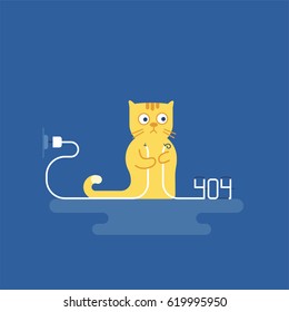 The cat tore the wire. 404 error. Vector illustration of cartoon character. Modern flat style.