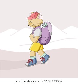 Cat tourist with a backpack on the back against a backdrop of white mountains. Flat illustration for design.
