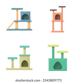 Iconos de la torre del gato fijados Vector de dibujos animados. Puesto de rascado y casa del gato. Surtido de tienda de mascotas