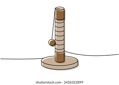 Cat tower, cat scratch post one line colored continuous drawing. Animals accessories, pet toy supplies continuous one line illustration.