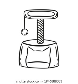 Cat tower and scratching post in doodle style. Vector playground accessory for pets. Cat tree isolated on white background. Black line simple illustration.
