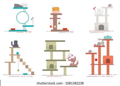 Cat tower and scratching post flat icons set. Vector collection of playground accessories for pets. Funny cartoon kittens character isolated on white background.