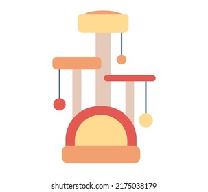 Cat Tower And Scratching Post Icon. Cat Tree With Cat House. Pets Furniture. Vector Flat Illustration 