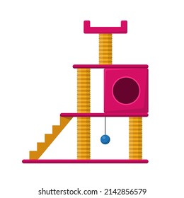 Cat tower and scratching post isolated on white background. Cat tree with cat house, Furniture for kittens. Cat playground accessories with claw sharpeners for pets. Vector illustration