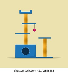 Cat tower and scratching post isolated on white background. Cat tree with cat house, Furniture for kittens. Cat playground accessories with claw sharpeners for pets. Vector illustration