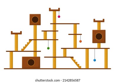 Cat tower and scratching post isolated on white background. Large house-complex for cats with shelters. Cat playground accessories with claw sharpeners for pets. Vector illustration