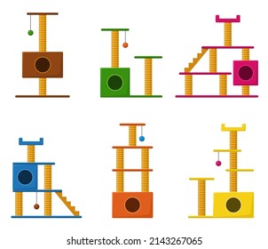 Cat Towers And Scratching Post Set Isolated On White Background. Cat Tree With Cat House, Furniture For Kittens. Collection Of Playground Accessories With Claw Sharpeners For Pets. Vector Illustration