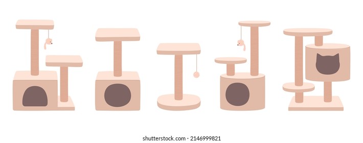 Cat towers and scratching posts. Luxury animal houses beige color. Cat tree with home. Furniture set for kittens. Flat vector illustrations isolated on white background