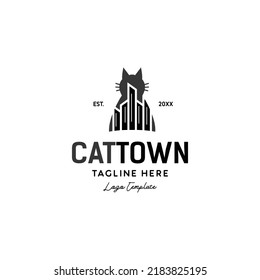 cat with town building logo icon vector template