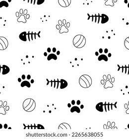 Cat toy, fooprint pattern seamless. Hand drawn sketch doodle kitty cute element on white background. Fish bone, footprint, cat toy element. Pet veterinary pattern. Vector illustration.