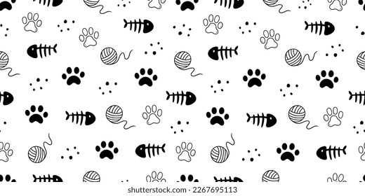 Cat toy, fooprint pattern seamless. Hand drawn sketch doodle kitty cute element on white background. Fish bone, footprint, cat toy element. Pet veterinary pattern. Vector illustration.