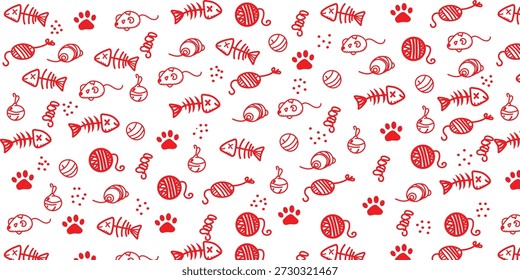 Juguete del gato, modelo inconsútil de la huella dactilar. Dibujado a mano dibujo doodle gatito elemento lindo sobre fondo blanco. Hueso de pescado, huella, elemento de juguete de gato. Patrón veterinario de mascotas. Ilustración vectorial