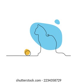 Gato con el juguete de una línea dibujando sobre fondo blanco aislado. Ilustración vectorial. Concepto de clínica veterinaria, tienda de campaña.