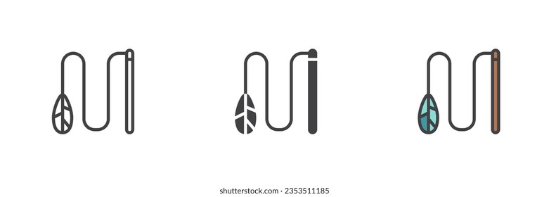 Juego de iconos de estilo diferente para gatos con una pluma. Línea, glifo y contorno relleno versión colorida, contorno y signo vectorial relleno. Símbolo, ilustración del logotipo. Gráficos vectoriales