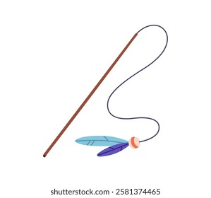 Cat toy, teaser wand with feathers and ball hanging on string. Pet accessory, stick, pole for playing, hunting, fun activity. Catcher for kittens. Flat vector illustration isolated on white background