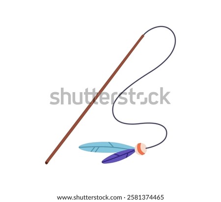 Cat toy, teaser wand with feathers and ball hanging on string. Pet accessory, stick, pole for playing, hunting, fun activity. Catcher for kittens. Flat vector illustration isolated on white background