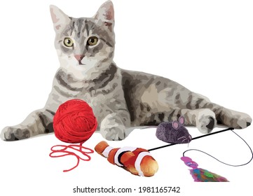 Cat with toys around vector, no background