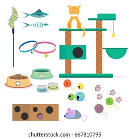 Cat Toys Collection,cat Stuff And Cat Food Isolated On White Background.Vector Illustration Flat Design Style.