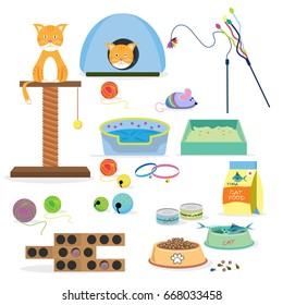 Cat Toys Collection,cat Stuff And Cat Food Isolated On White Background.Vector Illustration Flat Design Style.