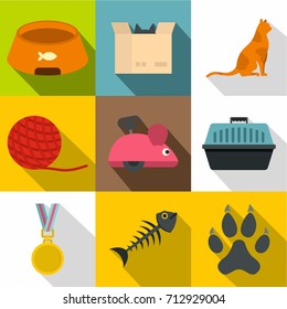 Cat toys icon set. Flat style set of 9 cat toys vector icons for web design