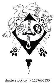 cat with toys line art