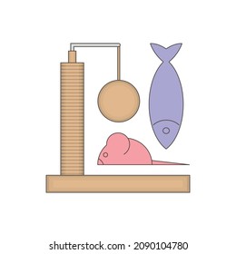 Cat toys. A multi-colored image of a scratching post, a fish and a mouse on a white background. Close-up. There is a place for text. Vector illustration.