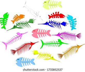 cat toys multi-colored and variously shaped fish skeletons