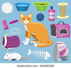 Cat toys vector pets accessories for pussycats care or playing kitten bowl and animal grooming tools kitty brush illustration feline set isolated on background