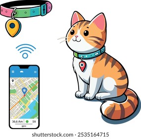 Ilustração de rastreador de gato, vetor com telefone celular e elementos de colar