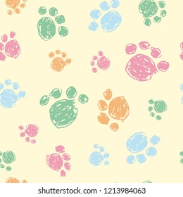 Cat tracks. Doodles. Seamless pattern. Vector illustration with different animal tracks. This pattern can be used in the design of animal products, as well as children's Wallpaper, linen, clothing.