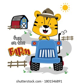 cat and tractor funny animal cartoon,vector illustration