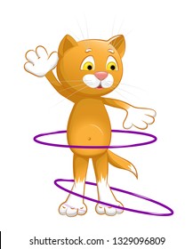 Cat trains with a hoop. The cat has red hair, white paws and a tail tip. Hoops purple. Fitness. Sport. Training. Vector illustration.