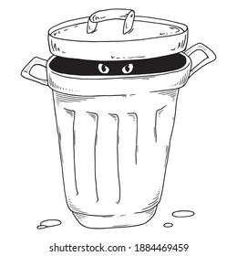 Cat is in the trash can. Vector cat eyes. Waste tank.